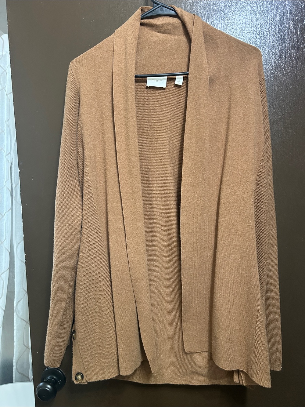 Cyrus Open-Front Cardigan Jacket in Camel Brown